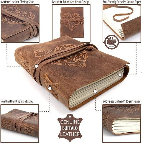 Retro Buff Leather Heart Unlined Paper Journal